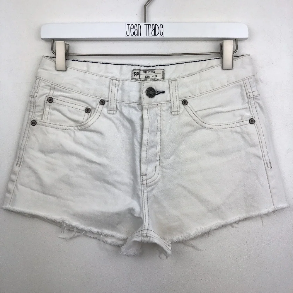 Free People White Denim Button Fly Cut Off Shorts - Picture 1 of 8